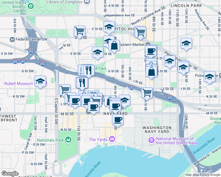 map of restaurants, bars, coffee shops, grocery stores, and more near 101 Independence Avenue Southeast in Washington