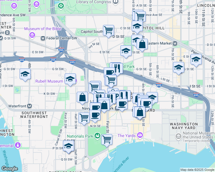 map of restaurants, bars, coffee shops, grocery stores, and more near 101 Independence Avenue Southeast in Washington