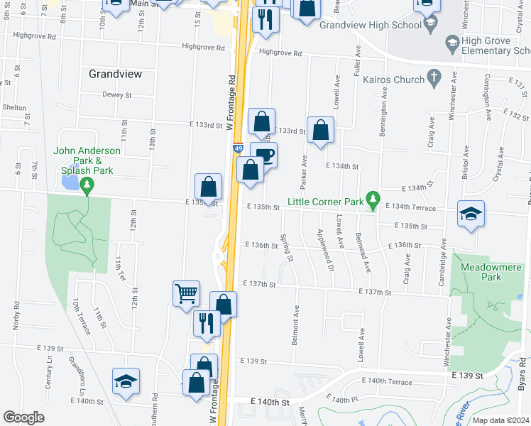 map of restaurants, bars, coffee shops, grocery stores, and more near 13428 Spring Street in Grandview