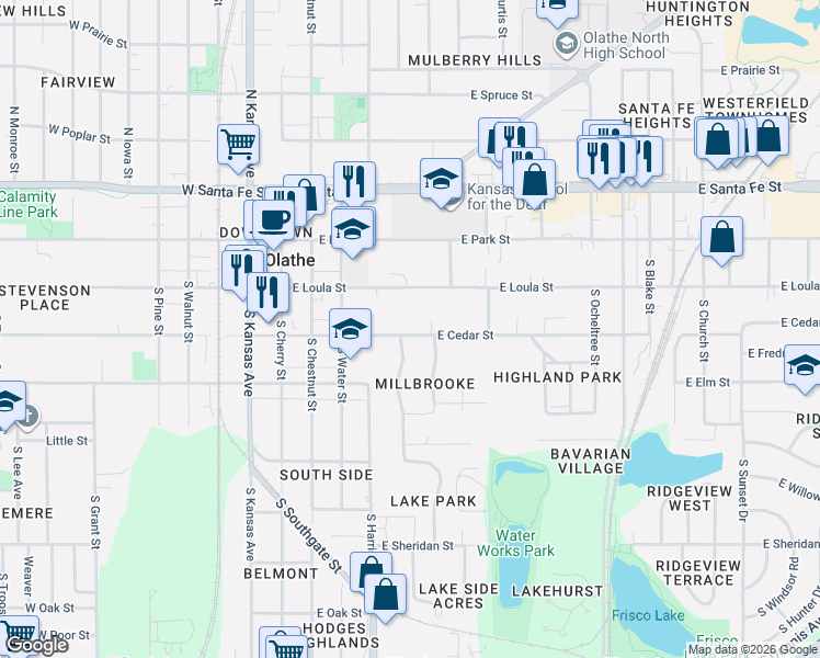 map of restaurants, bars, coffee shops, grocery stores, and more near 341 East Loula Street in Olathe
