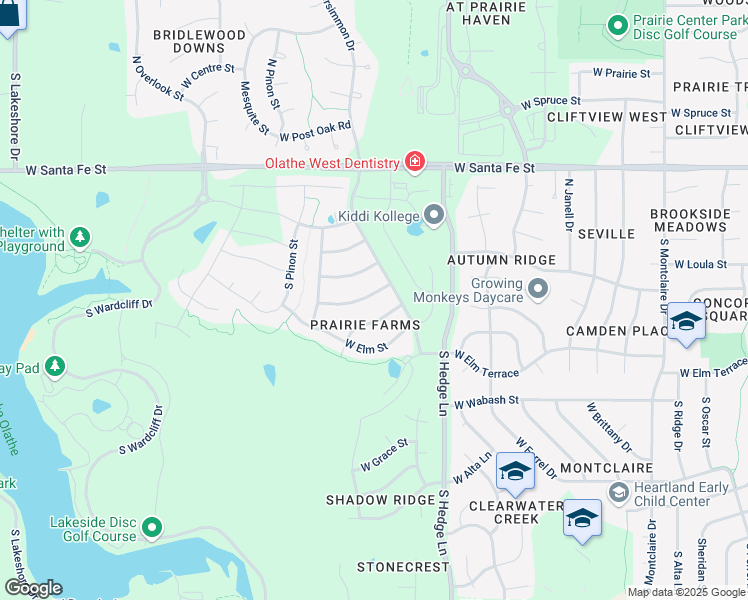 map of restaurants, bars, coffee shops, grocery stores, and more near 2220 West Fredrickson Drive in Olathe