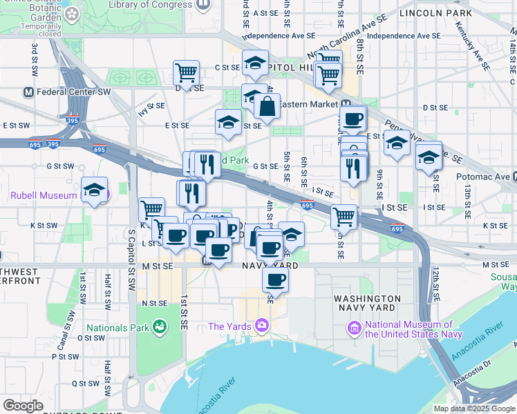 map of restaurants, bars, coffee shops, grocery stores, and more near 332 I Street Southeast in Washington