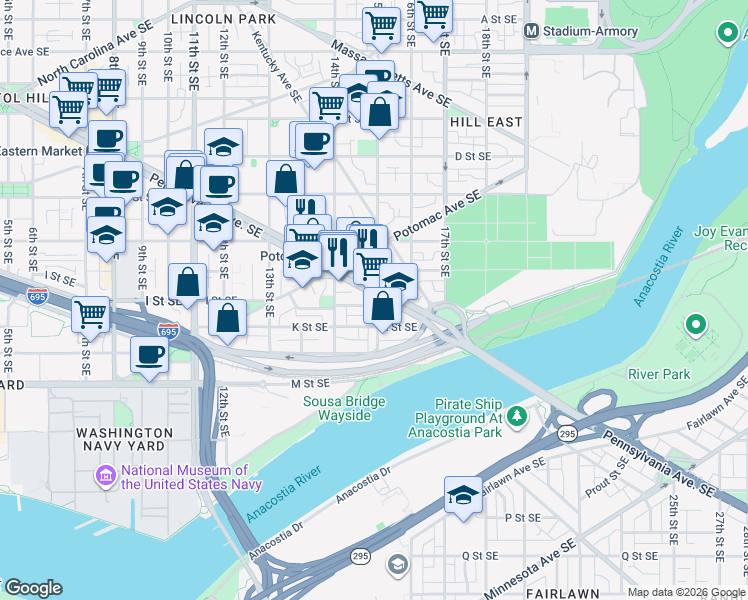 map of restaurants, bars, coffee shops, grocery stores, and more near 101 Independence Avenue Southeast in Washington