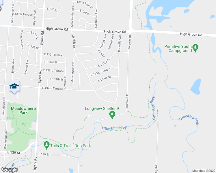 map of restaurants, bars, coffee shops, grocery stores, and more near 8215 East 134th Terrace in Grandview