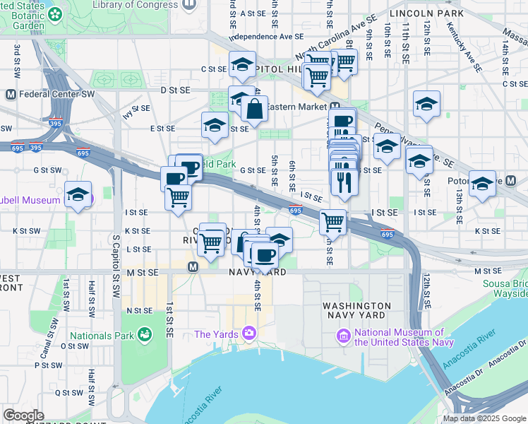 map of restaurants, bars, coffee shops, grocery stores, and more near 417 I Street Southeast in Washington