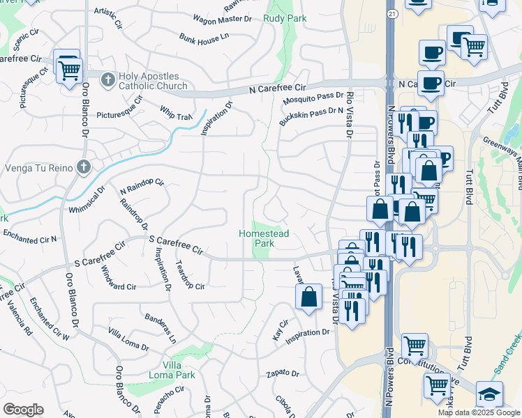 map of restaurants, bars, coffee shops, grocery stores, and more near 3148 Vail Pass Drive in Colorado Springs