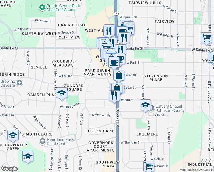 map of restaurants, bars, coffee shops, grocery stores, and more near 1100 West Loula Street in Olathe