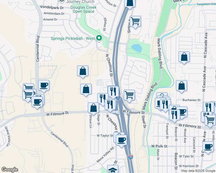 map of restaurants, bars, coffee shops, grocery stores, and more near 3216 North Chestnut Street in Colorado Springs