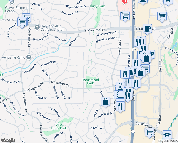 map of restaurants, bars, coffee shops, grocery stores, and more near 3148 Vail Pass Drive in Colorado Springs
