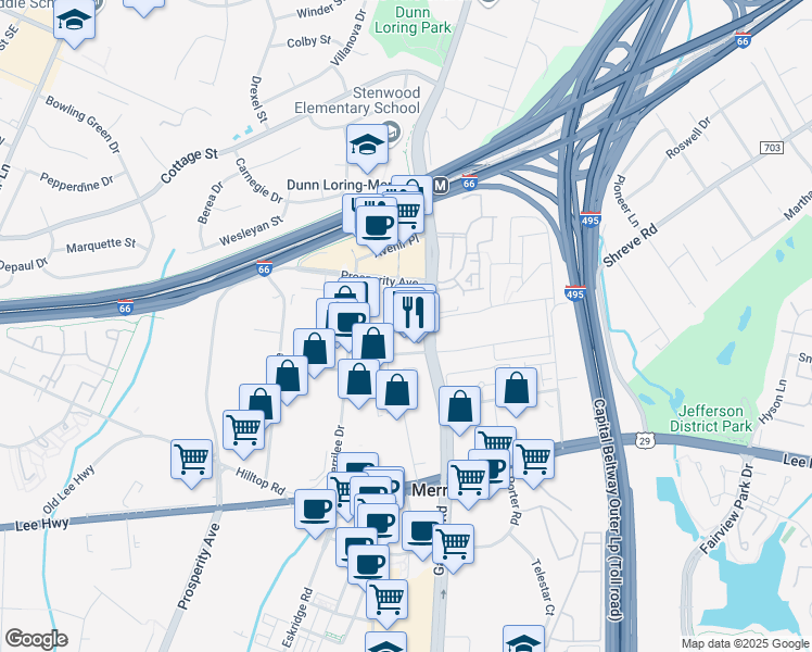 map of restaurants, bars, coffee shops, grocery stores, and more near 2730 Gallows Road in Vienna