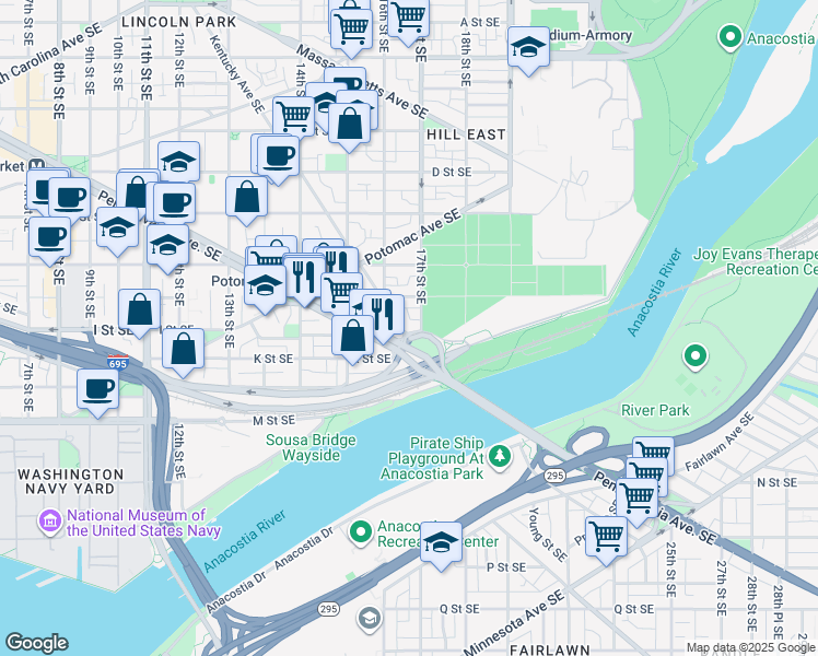 map of restaurants, bars, coffee shops, grocery stores, and more near 101 Independence Avenue Southeast in Washington