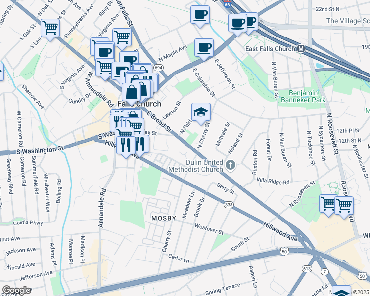 map of restaurants, bars, coffee shops, grocery stores, and more near 312 East Broad Street in Falls Church