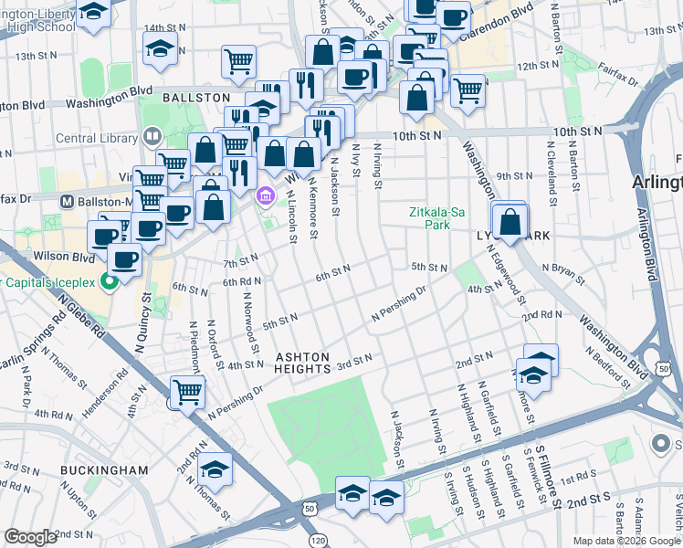 map of restaurants, bars, coffee shops, grocery stores, and more near 524 North Jackson Street in Arlington