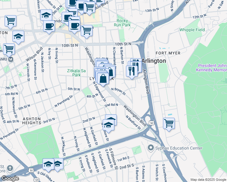 map of restaurants, bars, coffee shops, grocery stores, and more near 406 North Bryan Street in Arlington
