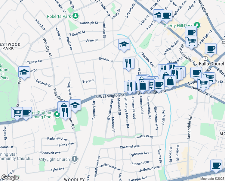 map of restaurants, bars, coffee shops, grocery stores, and more near 1132 South Washington Street in Falls Church