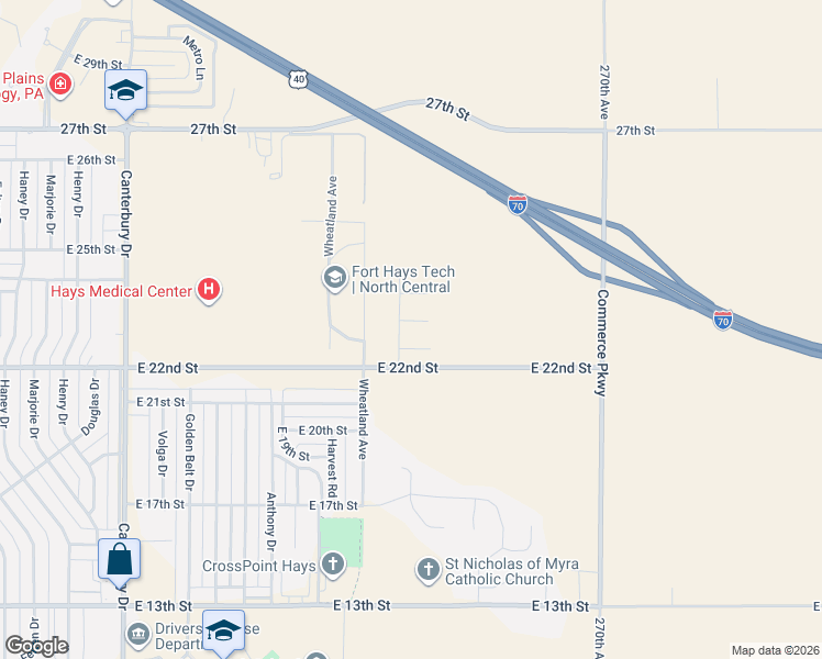 map of restaurants, bars, coffee shops, grocery stores, and more near 2201 Wheatland Avenue in Hays