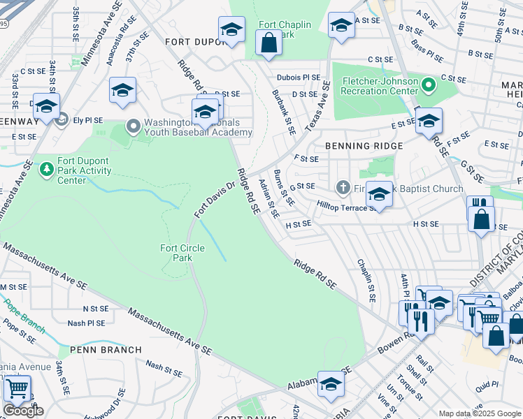 map of restaurants, bars, coffee shops, grocery stores, and more near 644 Ridge Road Southeast in Washington