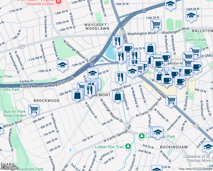 map of restaurants, bars, coffee shops, grocery stores, and more near 4809 8th Road North in Arlington