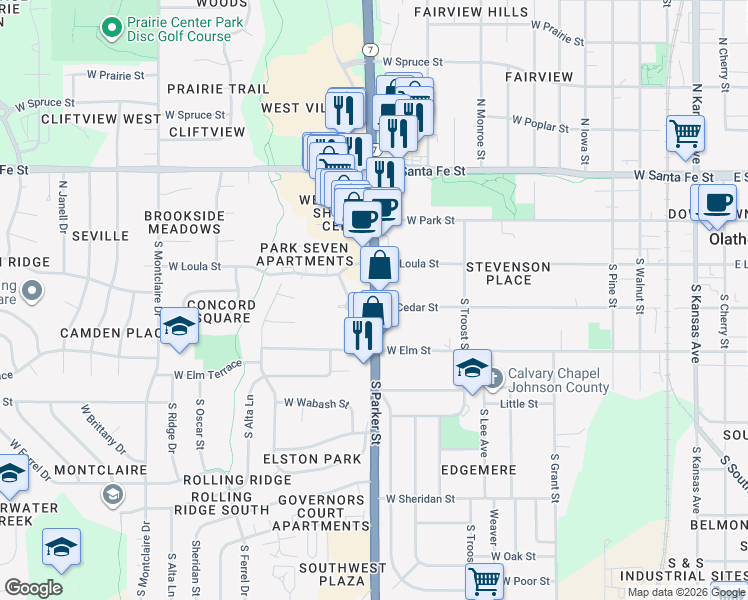 map of restaurants, bars, coffee shops, grocery stores, and more near 275 South Parker Street in Olathe