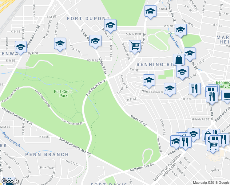 map of restaurants, bars, coffee shops, grocery stores, and more near 644 Ridge Road Southeast in Washington