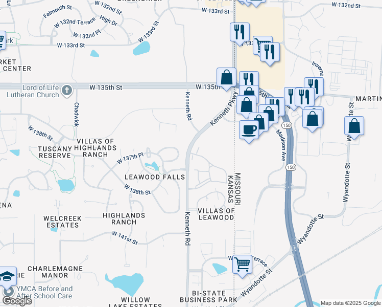 map of restaurants, bars, coffee shops, grocery stores, and more near 2299 137th Terrace in Leawood
