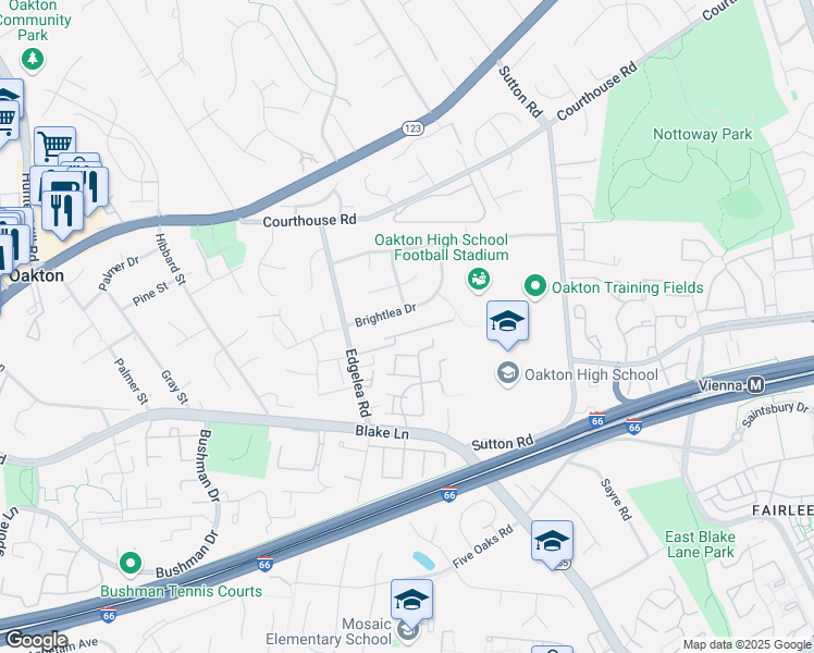 map of restaurants, bars, coffee shops, grocery stores, and more near 9856 Oakdale Woods Court in Vienna