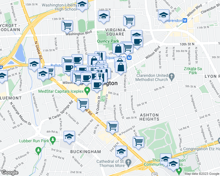 map of restaurants, bars, coffee shops, grocery stores, and more near 616 North Piedmont Street in Arlington
