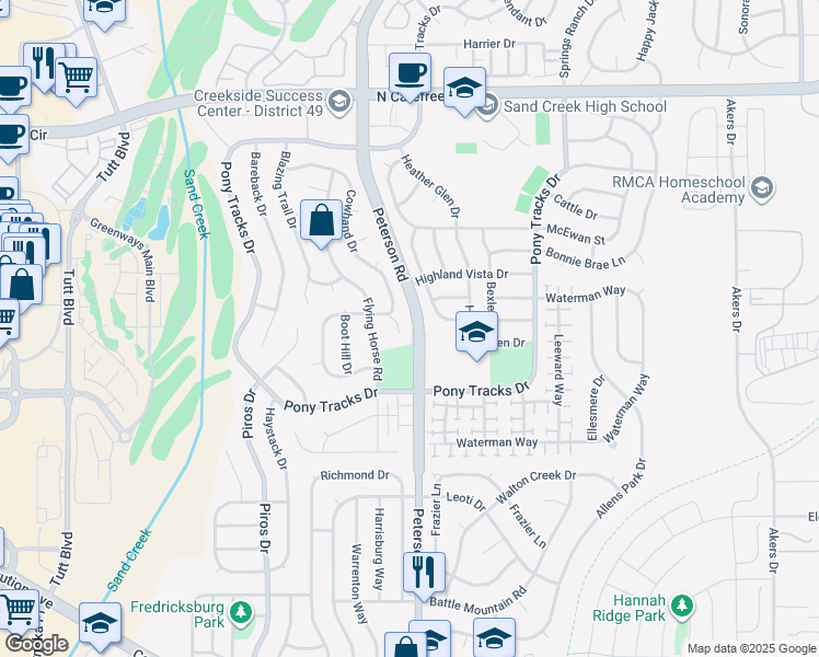 map of restaurants, bars, coffee shops, grocery stores, and more near 3344 Macgregor Drive in Colorado Springs