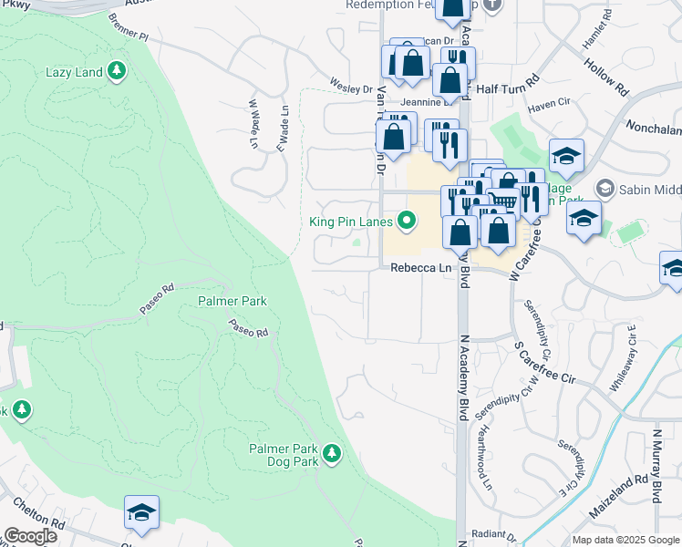 map of restaurants, bars, coffee shops, grocery stores, and more near 3690 Knoll Lane in Colorado Springs