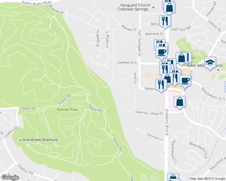 map of restaurants, bars, coffee shops, grocery stores, and more near 3665 Knoll Lane in Colorado Springs