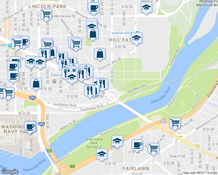 map of restaurants, bars, coffee shops, grocery stores, and more near 101 Independence Avenue Southeast in Washington