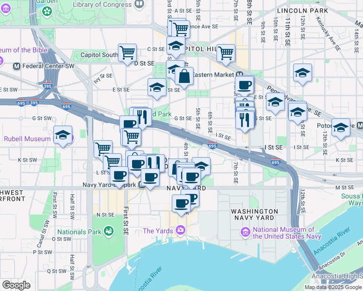 map of restaurants, bars, coffee shops, grocery stores, and more near 101 Independence Avenue Southeast in Washington