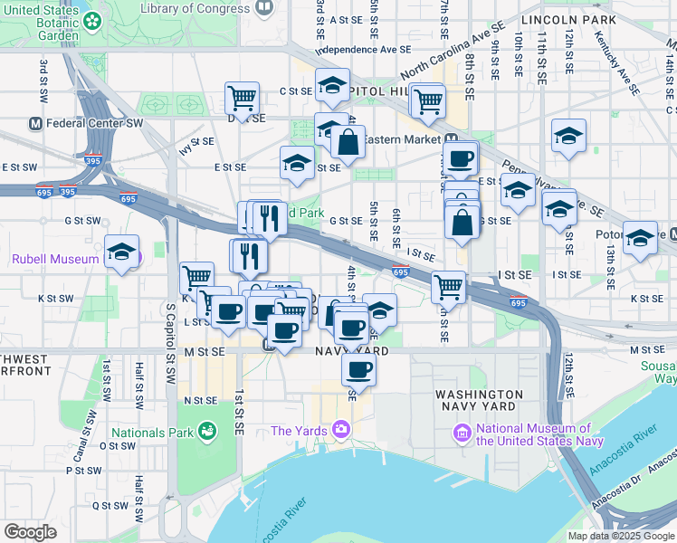 map of restaurants, bars, coffee shops, grocery stores, and more near 101 Independence Avenue Southeast in Washington