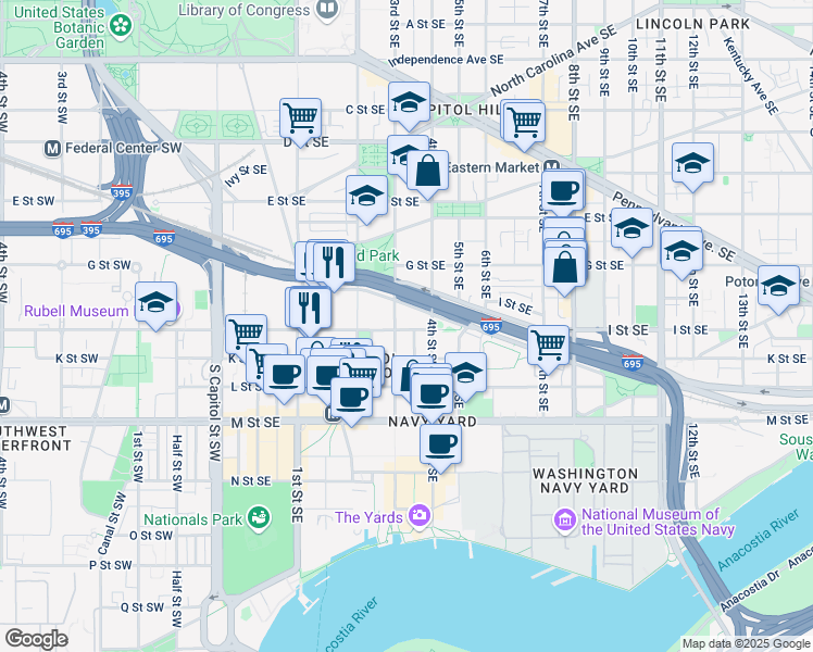 map of restaurants, bars, coffee shops, grocery stores, and more near 101 Independence Avenue Southeast in Washington