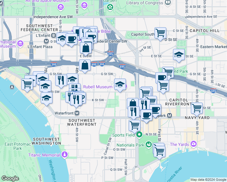 map of restaurants, bars, coffee shops, grocery stores, and more near 101 Independence Avenue Southeast in Washington