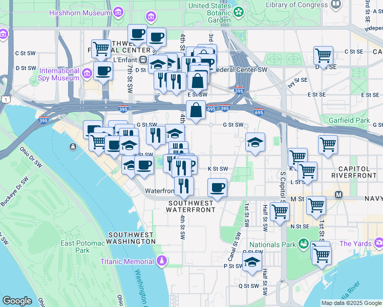 map of restaurants, bars, coffee shops, grocery stores, and more near 101 Independence Avenue Southeast in Washington