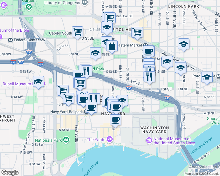 map of restaurants, bars, coffee shops, grocery stores, and more near 326 I Street Southeast in Washington