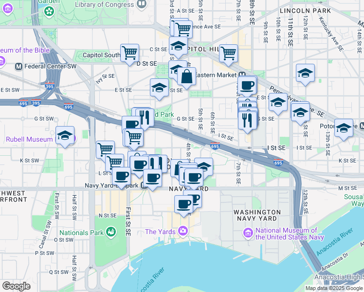 map of restaurants, bars, coffee shops, grocery stores, and more near 322 I Street Southeast in Washington
