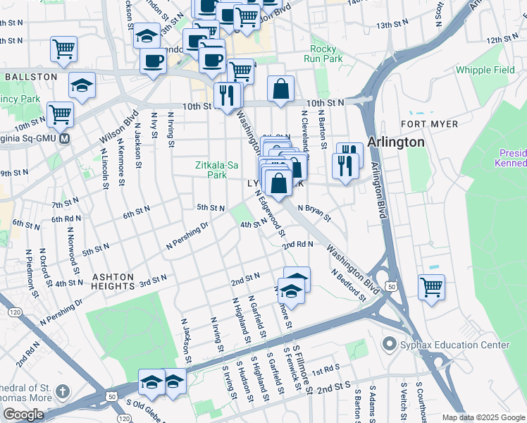 map of restaurants, bars, coffee shops, grocery stores, and more near 408 North Edgewood Street in Arlington