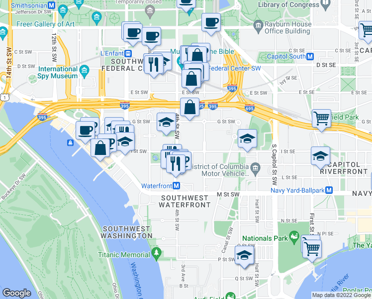 map of restaurants, bars, coffee shops, grocery stores, and more near 101 Independence Avenue Southeast in Washington