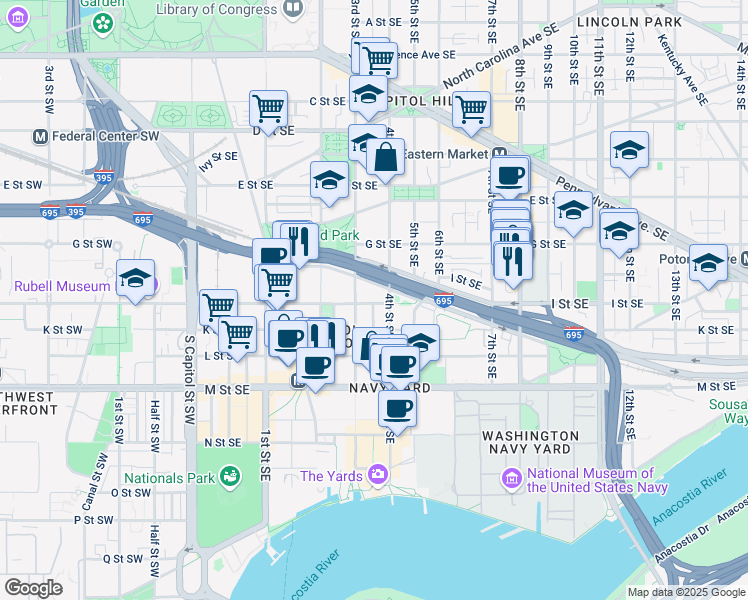 map of restaurants, bars, coffee shops, grocery stores, and more near 318 I Street Southeast in Washington