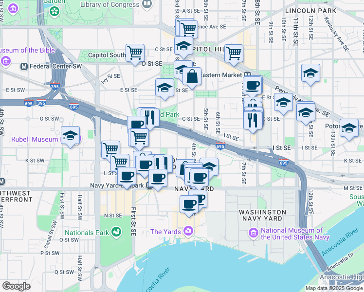 map of restaurants, bars, coffee shops, grocery stores, and more near 306 I Street Southeast in Washington