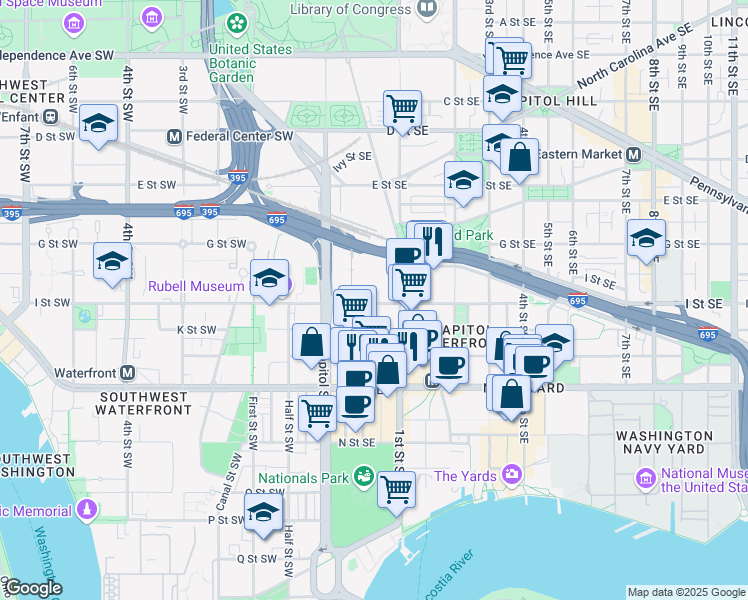 map of restaurants, bars, coffee shops, grocery stores, and more near 70 I Street Southeast in Washington