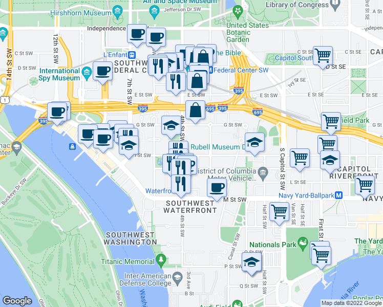 map of restaurants, bars, coffee shops, grocery stores, and more near 355 I Street Southwest in Washington