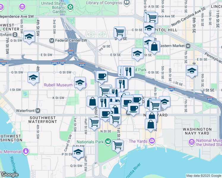 map of restaurants, bars, coffee shops, grocery stores, and more near 101 Independence Avenue Southeast in Washington