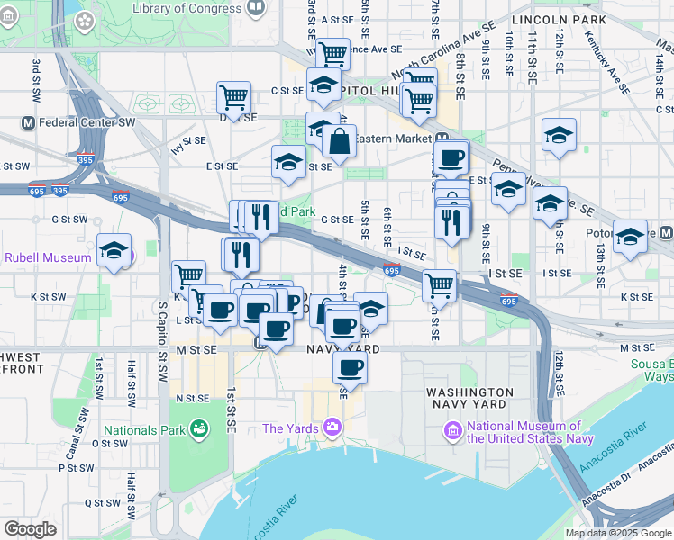 map of restaurants, bars, coffee shops, grocery stores, and more near 332 I Street Southeast in Washington
