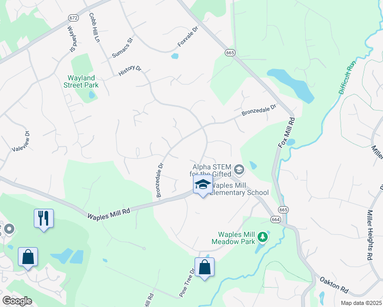 map of restaurants, bars, coffee shops, grocery stores, and more near 3274 History Drive in Oakton