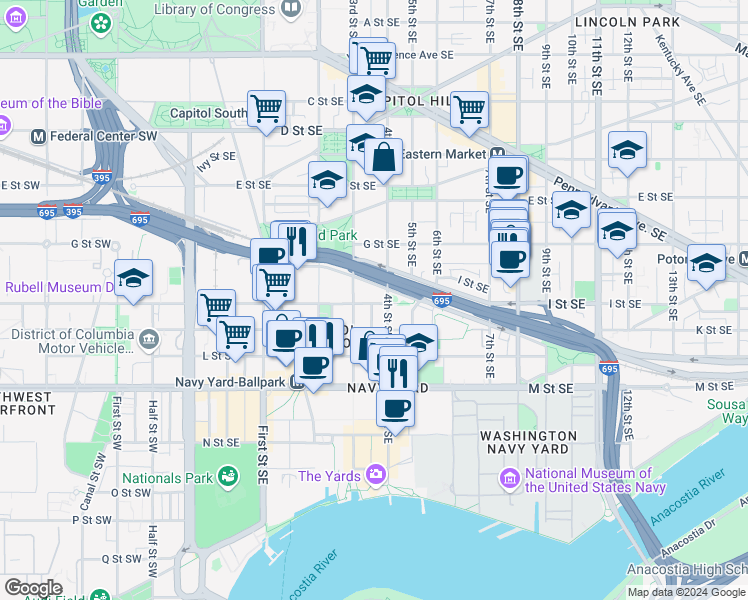 map of restaurants, bars, coffee shops, grocery stores, and more near 322 I Street Southeast in Washington