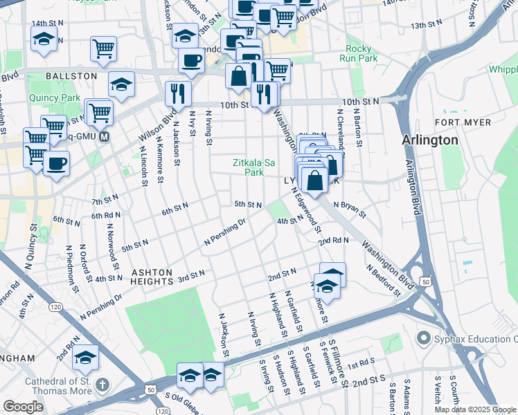 map of restaurants, bars, coffee shops, grocery stores, and more near 3007 North Pershing Drive in Arlington