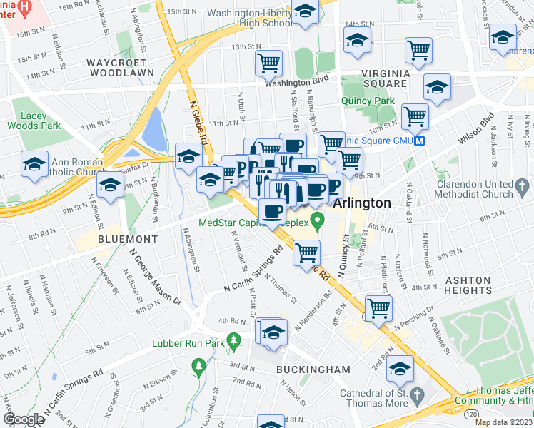 map of restaurants, bars, coffee shops, grocery stores, and more near 715 North Glebe Road in Arlington